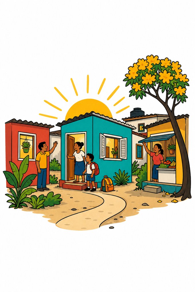 Ilustración del libro Un país que funcione: un vecindario venezolano al amanecer, con familias y comercios.